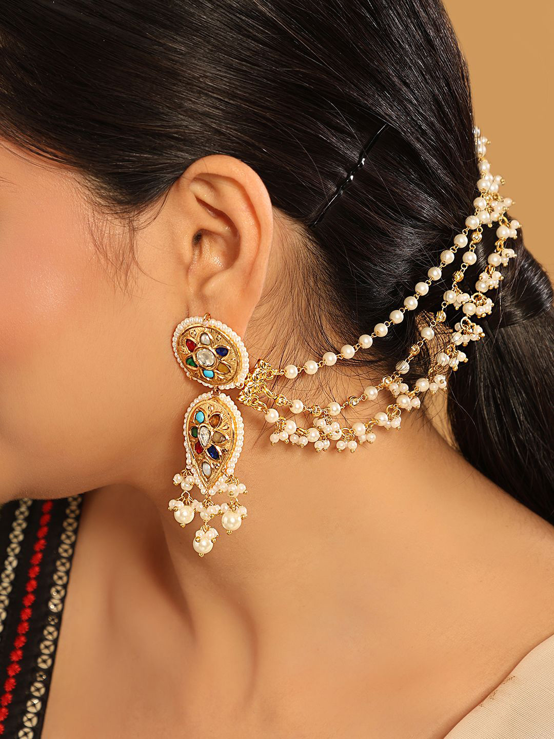 Nuyug  22K Gold Plated Pearl Strings Studded Triple Strand Layered Ear Chain