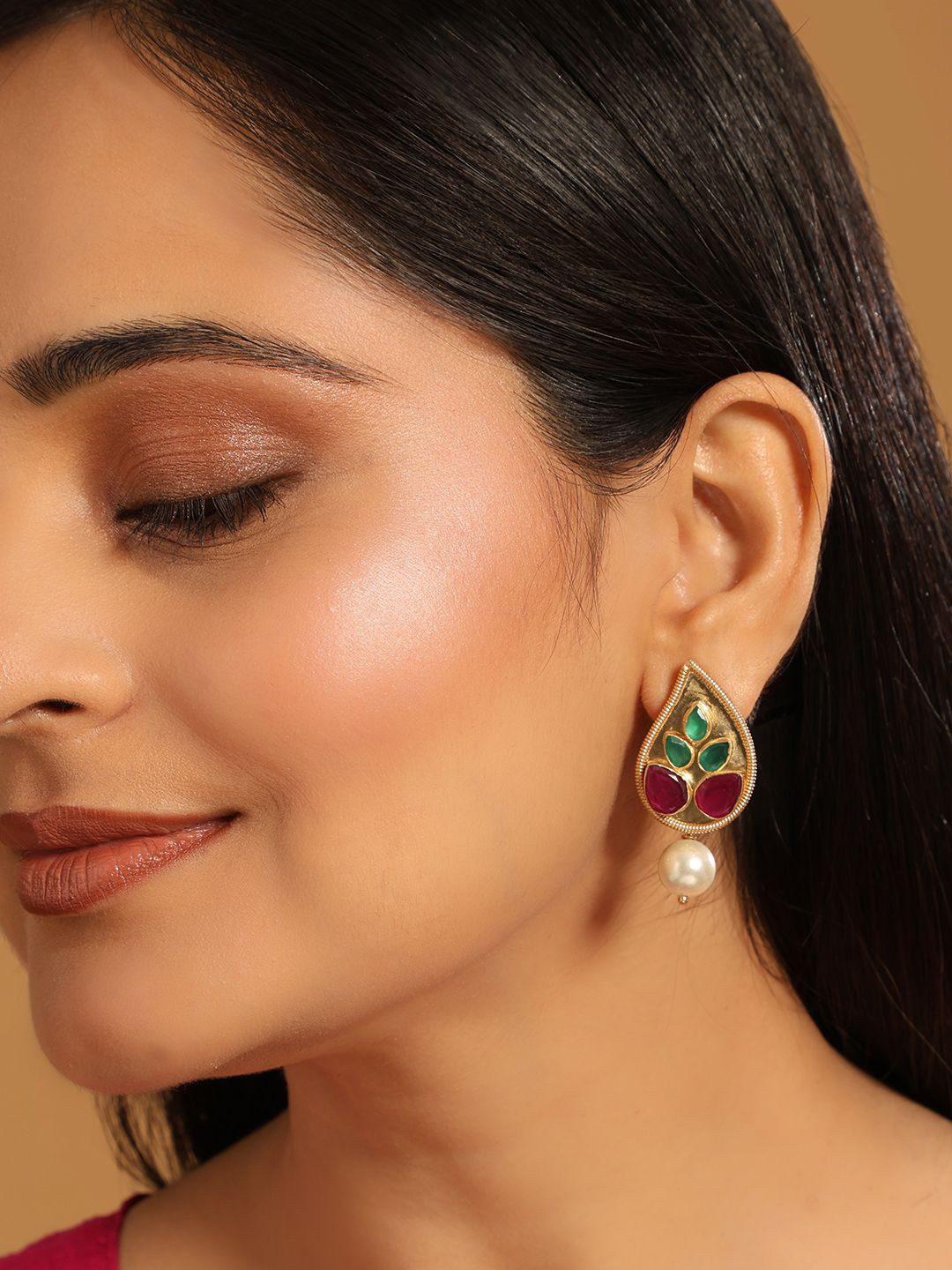 Nuyug  22K Gold Plated Ruby Stone Studded Dynamic Petal Shaped Pearl Drop Stud Earrings