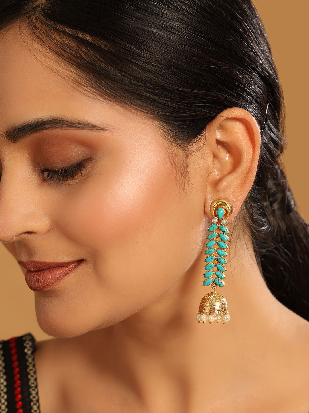 Nuyug  22K Gold Plated Pearl & Turquoise Stone Studded Contemporary Shaped Jhumkas