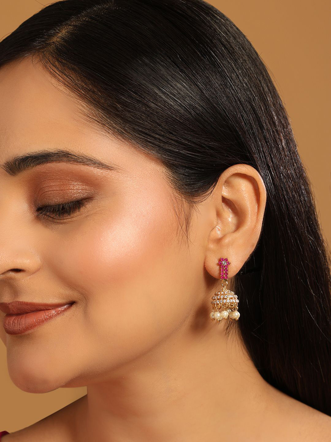 Nuyug  22K Gold Plated Pearl 7 Colored Stone Studded Contemporary Shaped Pink Mini Jhumkas