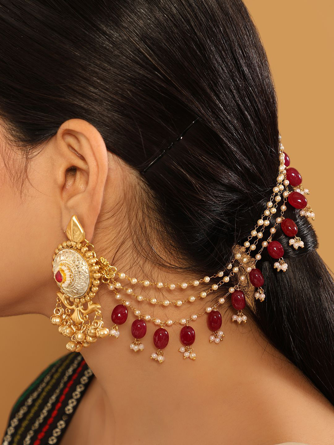 Nuyug  22K Gold Plated Pearl Chain Semi Precious Rubys Triple Strands Layered Ear Chain