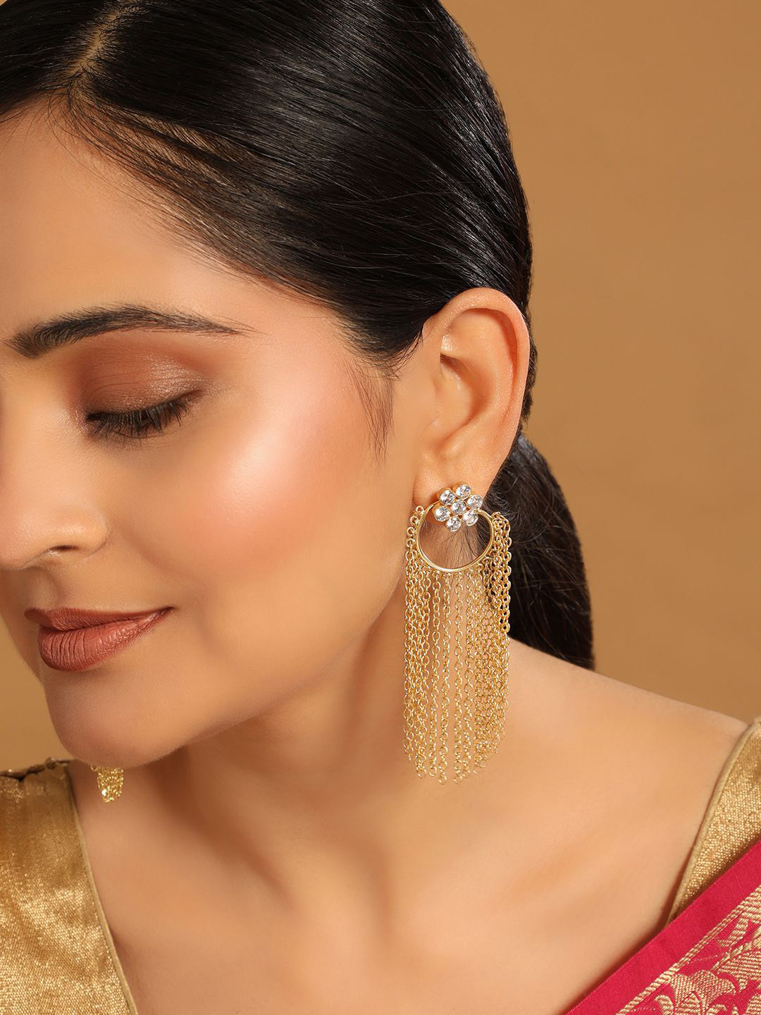 Nuyug  22K Gold Plated Swarovski Crystal Studded Floral Contemporary Stud Dangler Earrings