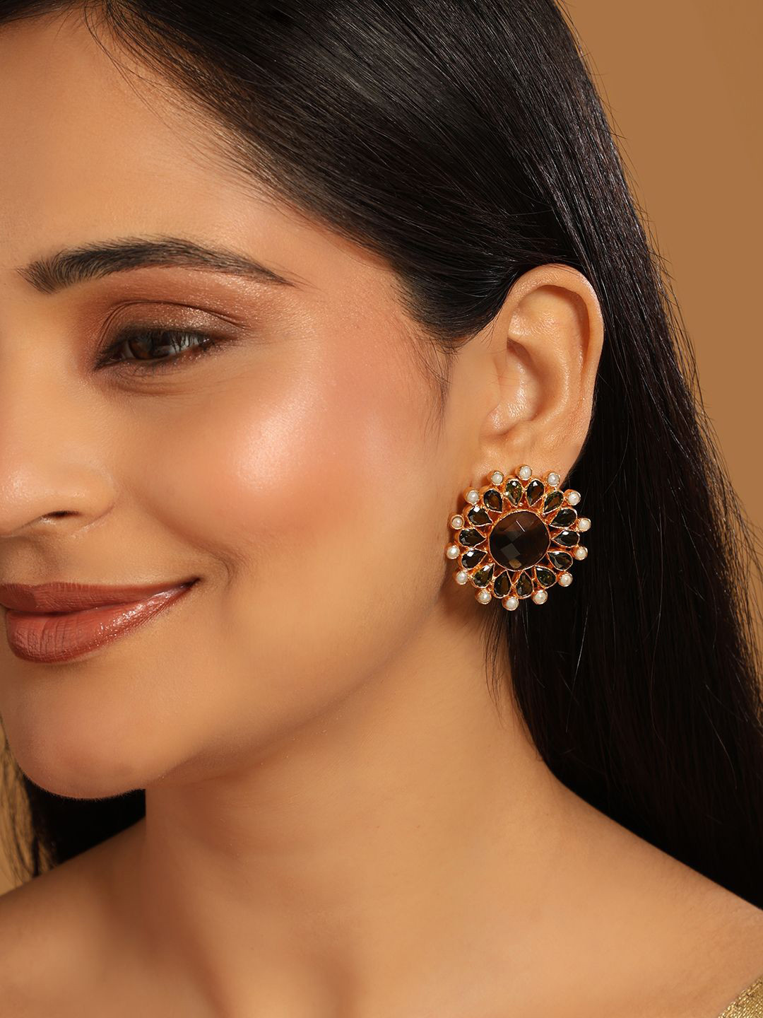 Nuyug  22K Gold Plated Faux Smoky Quartz & Crystal Studded Contemporary Floral Shape Studs