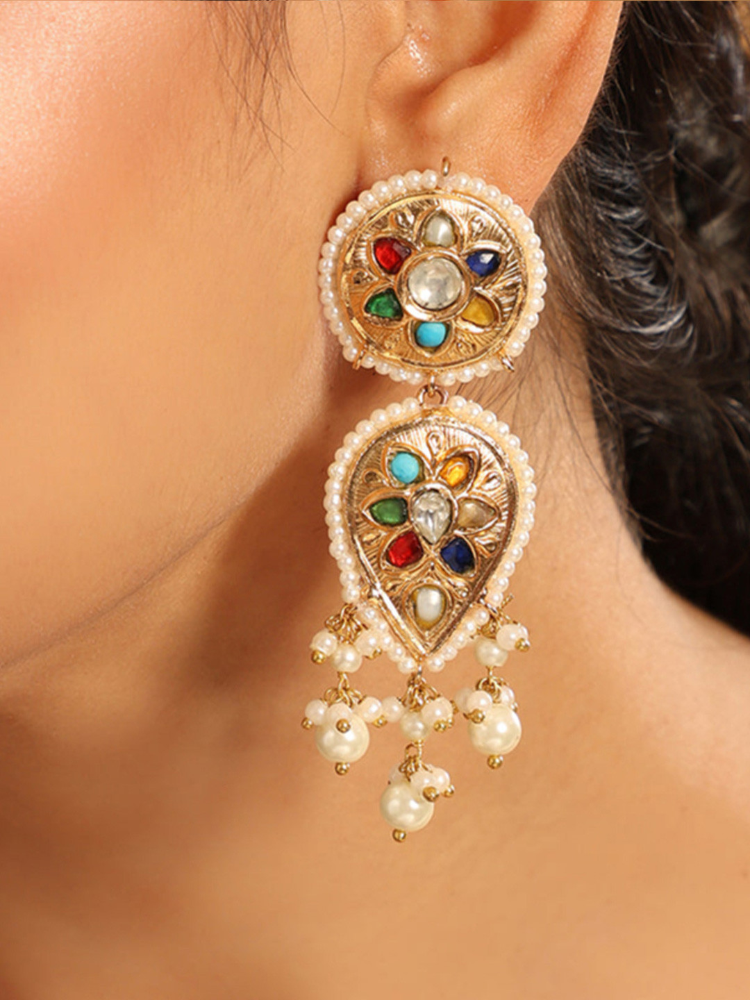 Nuyug 22K Gold Plated Kundan Studded Traditional Petal Drop Navratan Earrings