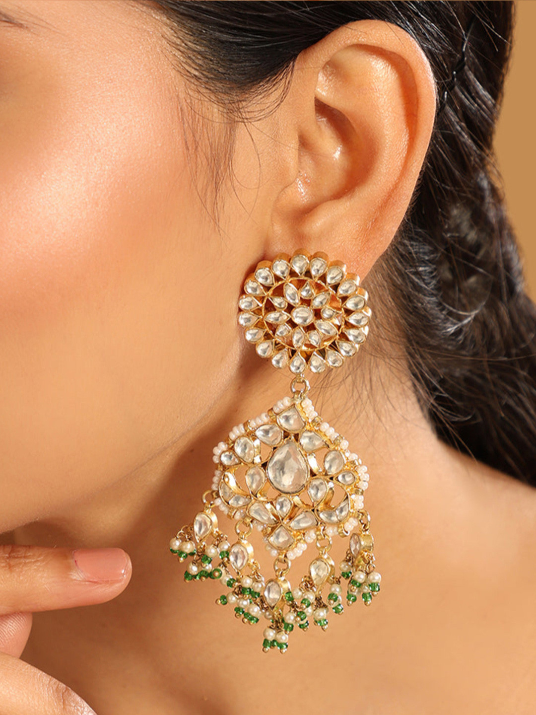 Nuyug  22K Gold Plated Traditional Kundan Studded with Pearl & Green Bead Dangler Earrings