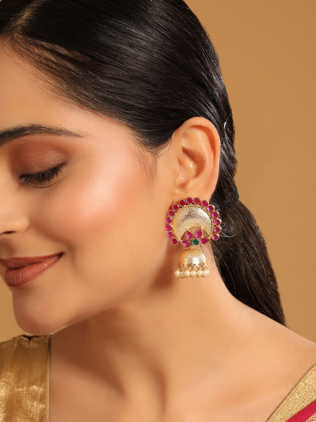 Nuyug  22K Gold Plated Ruby & Pearl Studded Dome Shaped Jhumkas