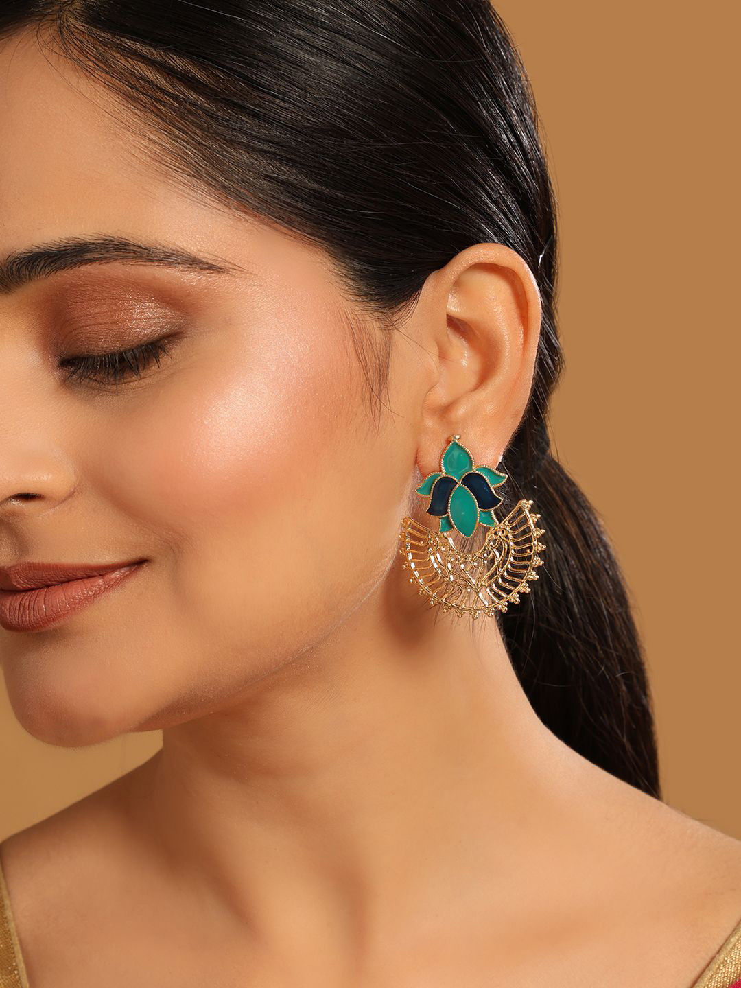 Nuyug  22K Gold Plated Turquoise Enamel Studded Indo-Western Floral Jali Stud Earrings
