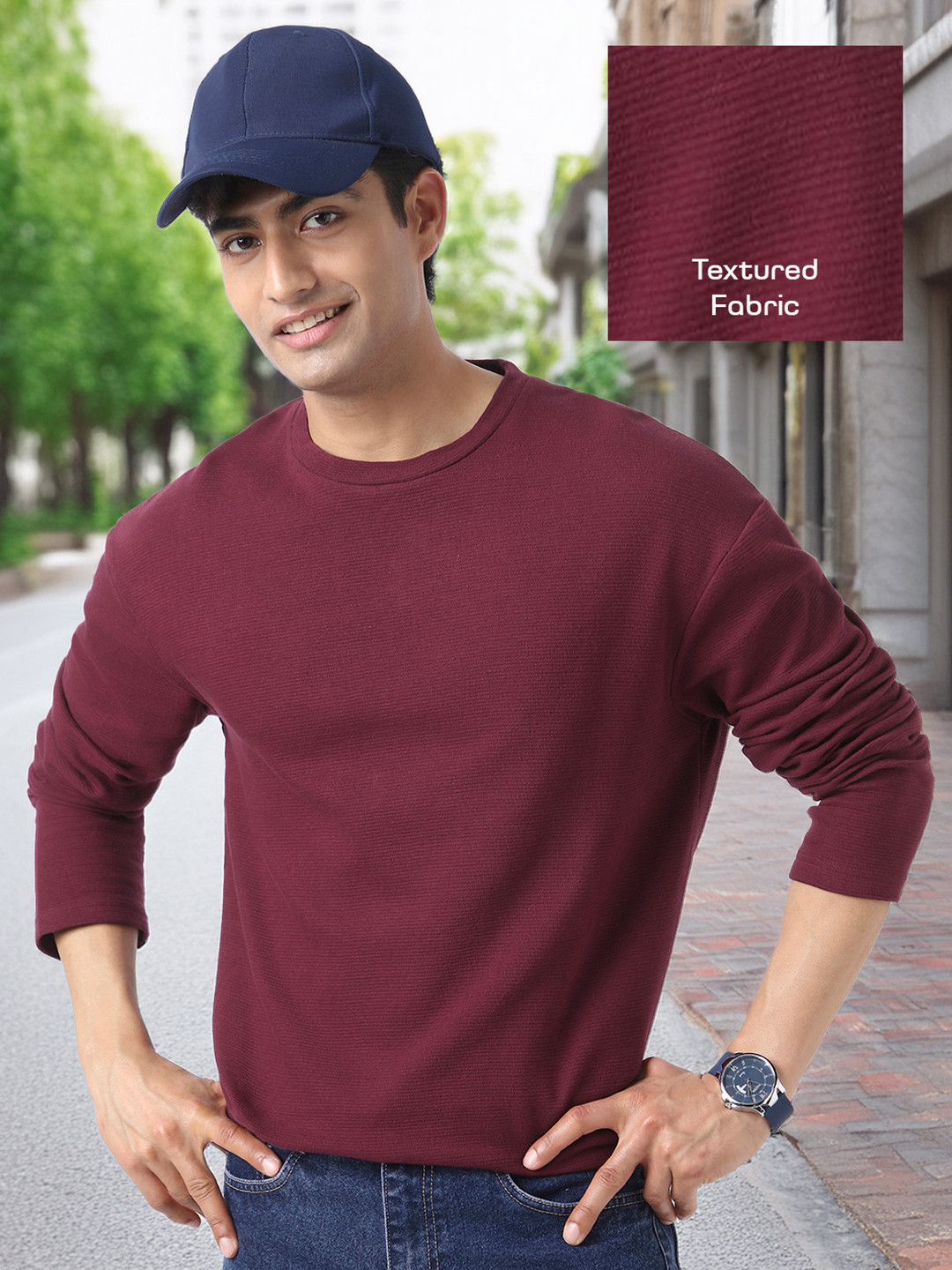 Urbano Fashion Men's Plum Textured Round Neck Oversized Full Sleeve Cotton T-Shirt