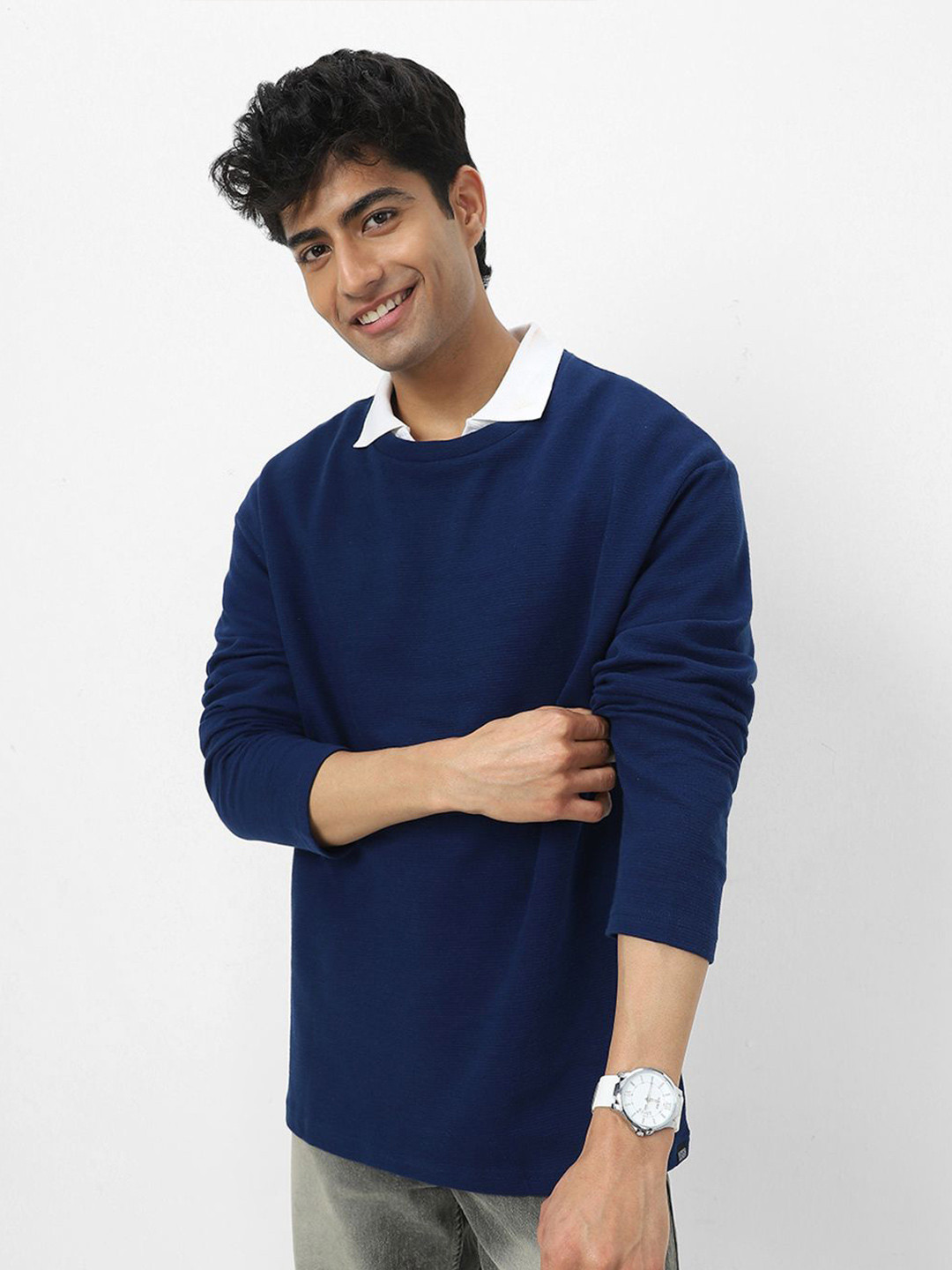 Urbano Fashion Men Cotton Textured Round Neck Oversized Full Sleeve T-Shirt