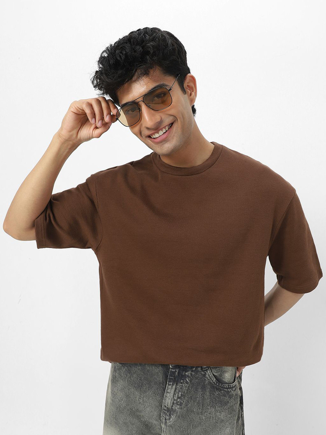 Urbano Fashion Men's Chocolate Brown Textured Oversized Half Sleeve Cotton T-Shirt