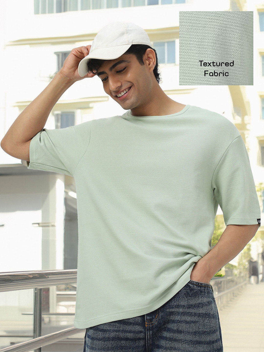 Urbano Fashion Men's Pastel Green Textured Round Neck Oversized Half Sleeve Cotton T-Shirt