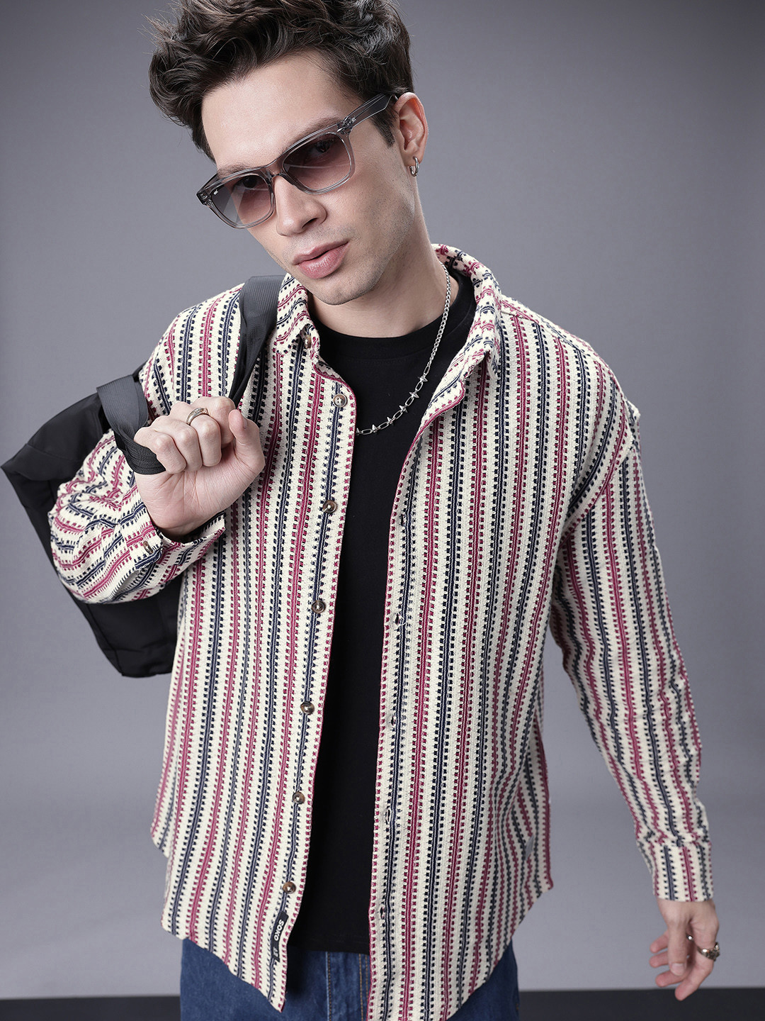 SOKO STREET Relaxed Fit Self Striped Drop-Shoulder Sleeves Casual Shirt