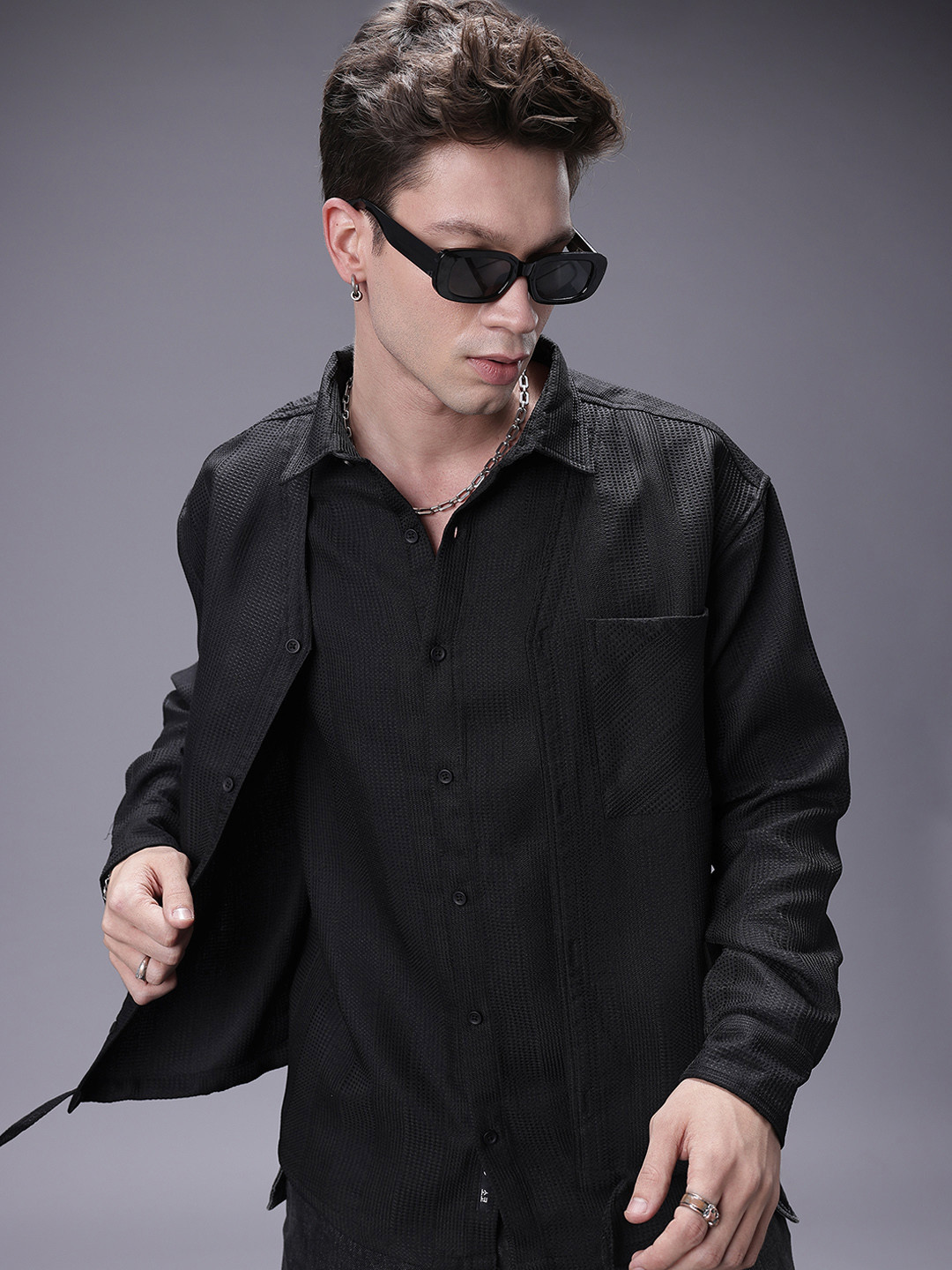 SOKO STREET Waffle Textured Mock Layered Casual Shirt