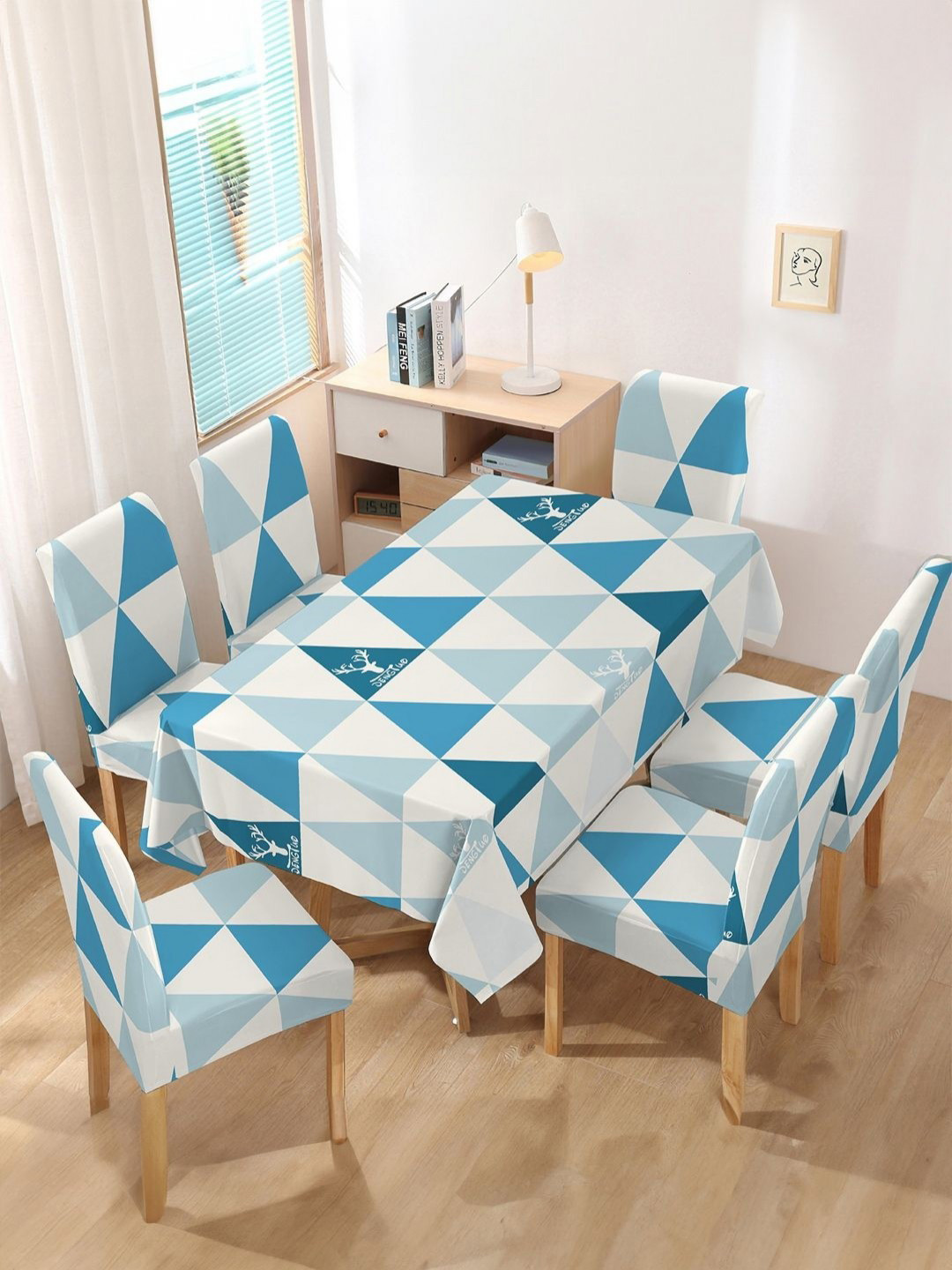 Myntra Elegant Homes Blue & White 7 Pieces Geometric Printed Table And Chair Covers