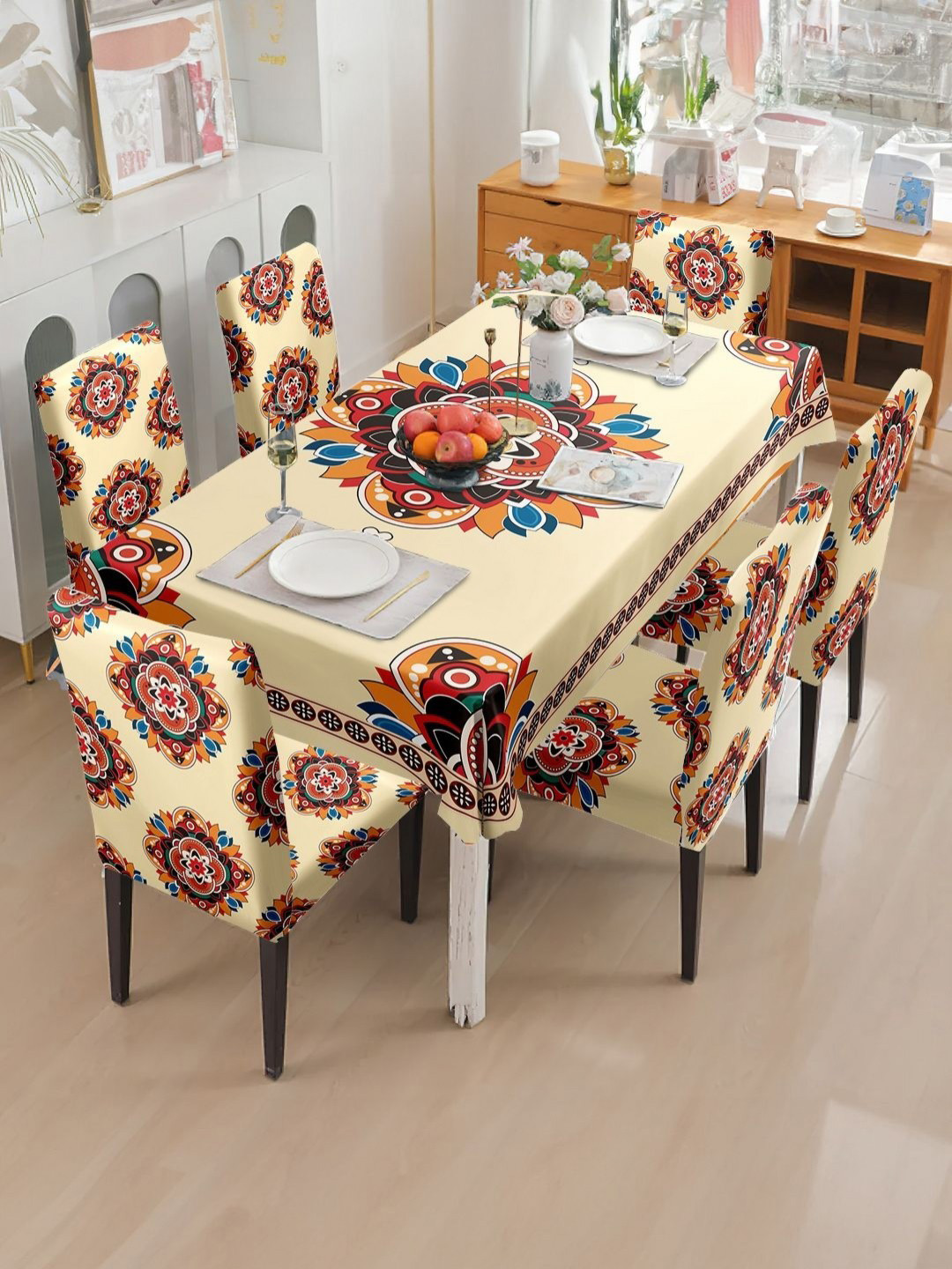 Myntra Elegant Homes Beige & Maroon 7 Pieces Mandala Printed Chair Covers & Table Cover