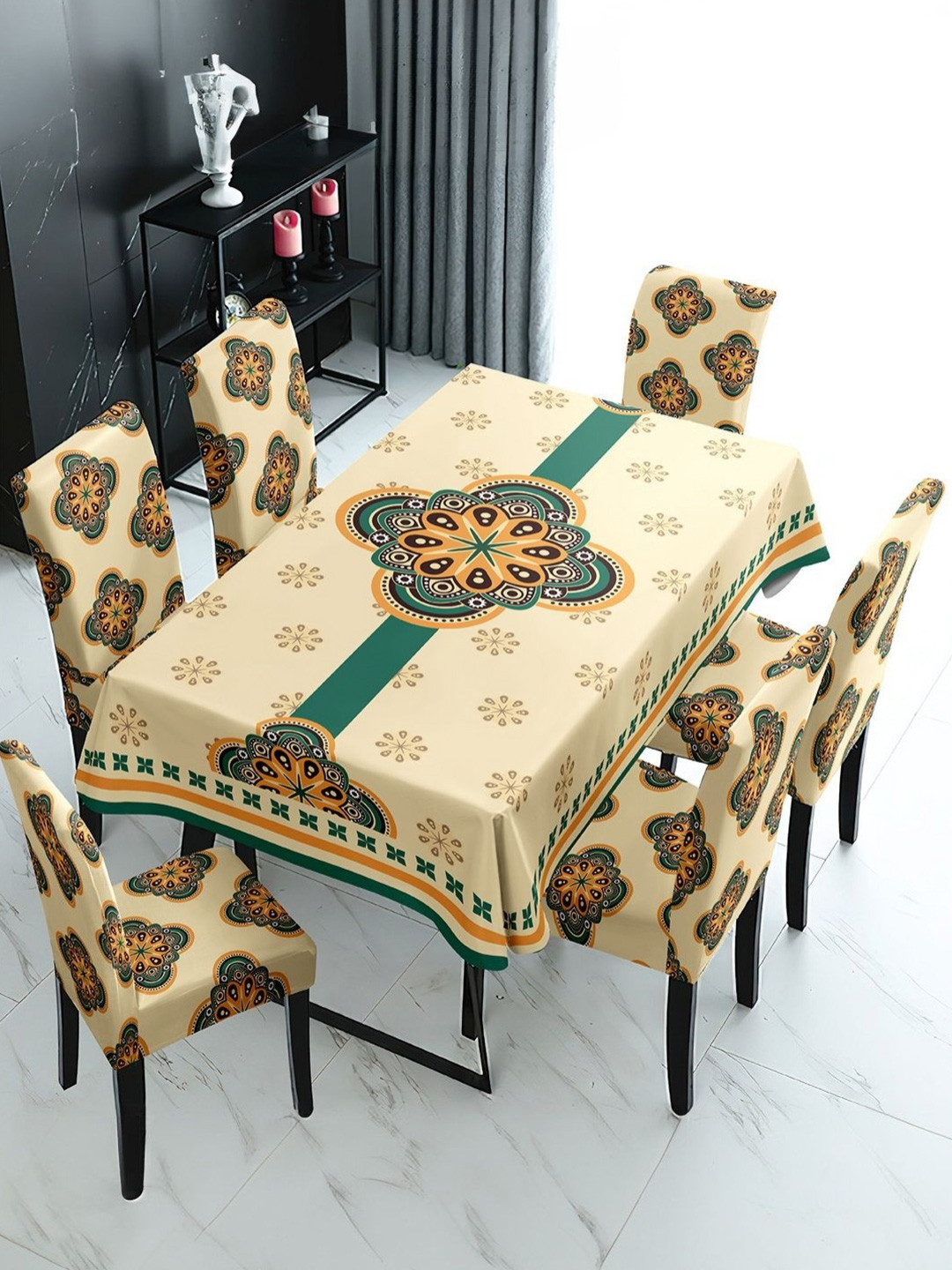 Myntra Elegant Homes Tan & Green 7 Pieces Mandala Printed Table & Chair Covers