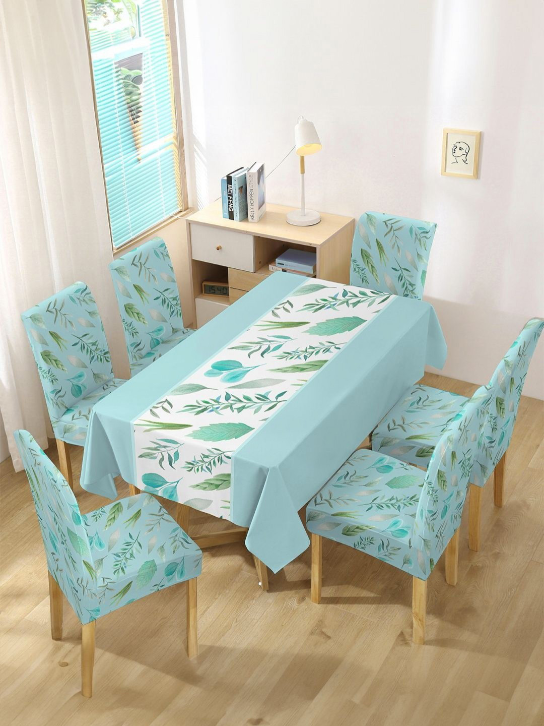 Myntra Elegant Homes Blue & Green 7 Pieces Leaves Printed Table & Chair Covers