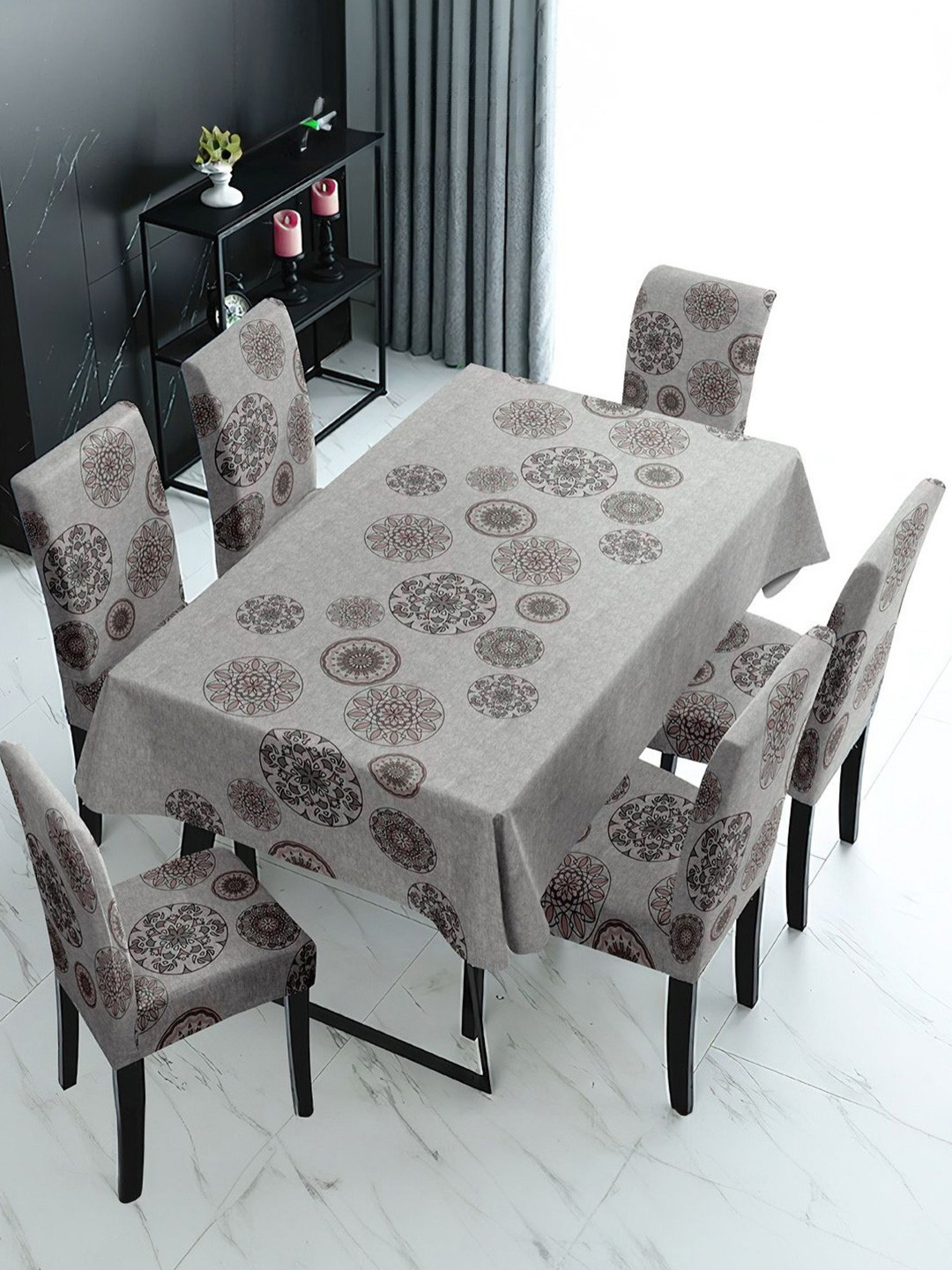 Myntra Elegant Homes Grey & Brown 7 Pieces Mandala Printed Table & Chair Covers