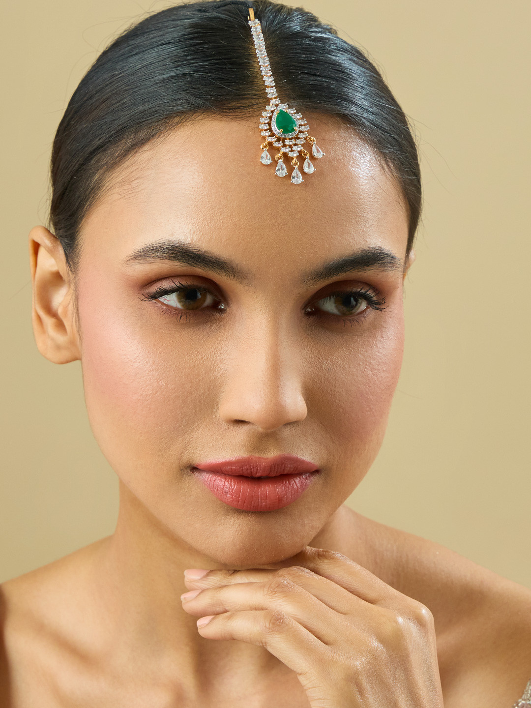 Kushal's Fashion Jewellery White Gold-Embellished Bridal Zircon Maang Tikka Head Jewellery