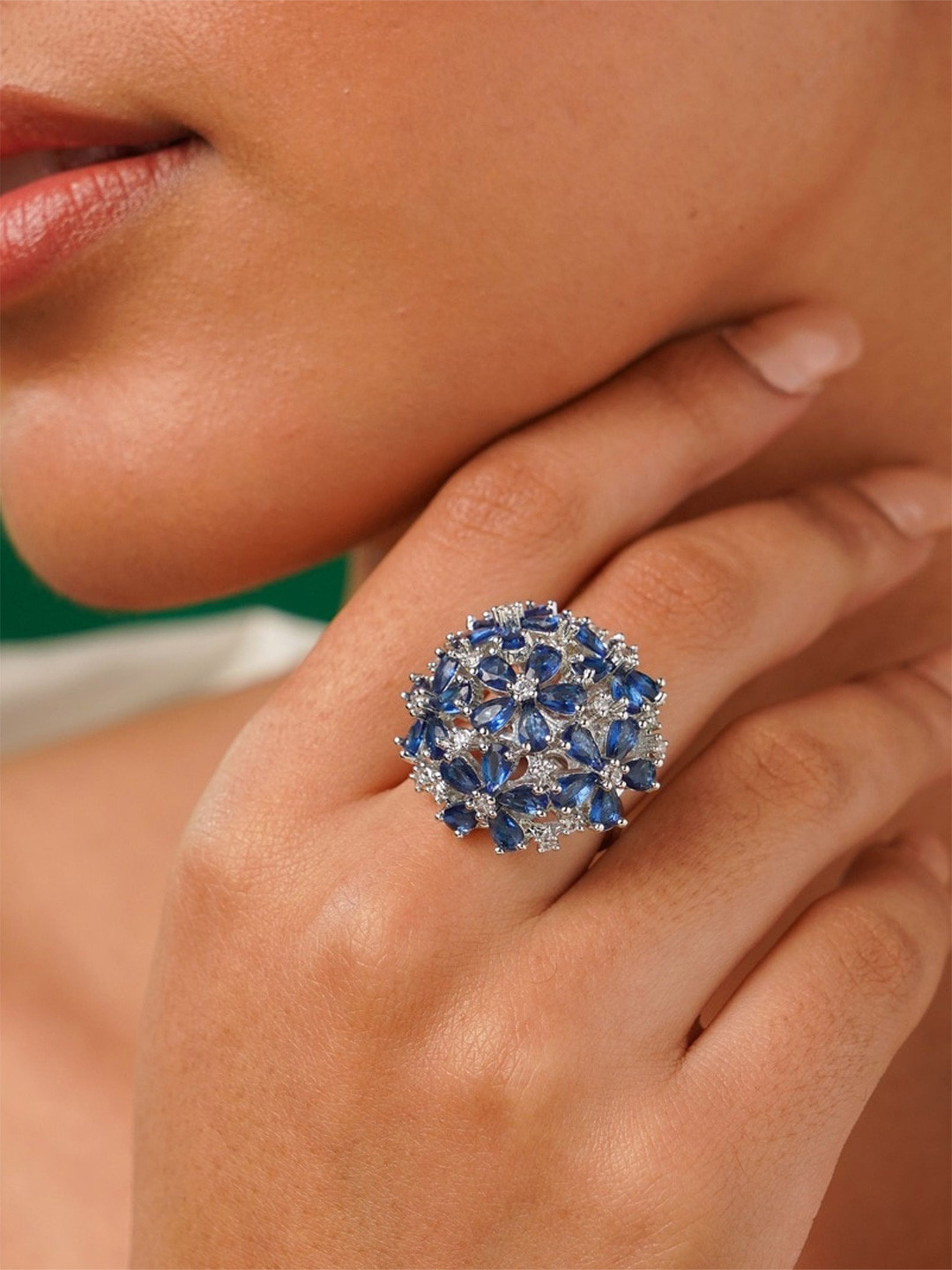 ABDESIGNS Blue Enchanting Silver Plated Floral Cubic Zircon Studded Finger Ring