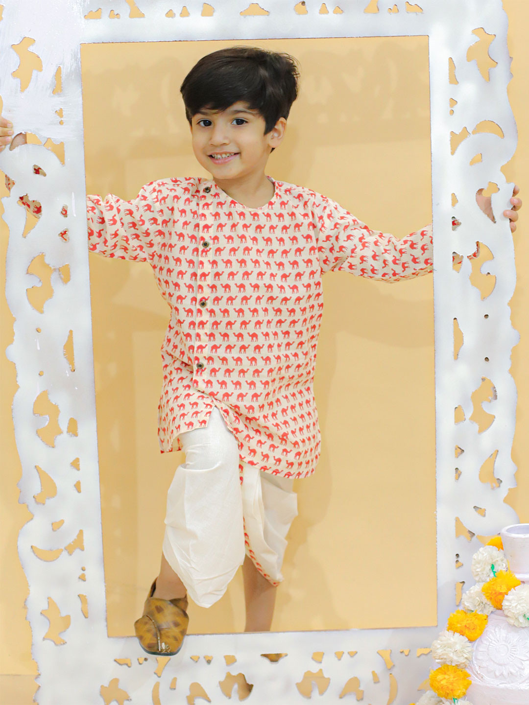 MoMaa Boys Animal Printed Angrakha Pure Cotton Kurta with Dhoti Pants