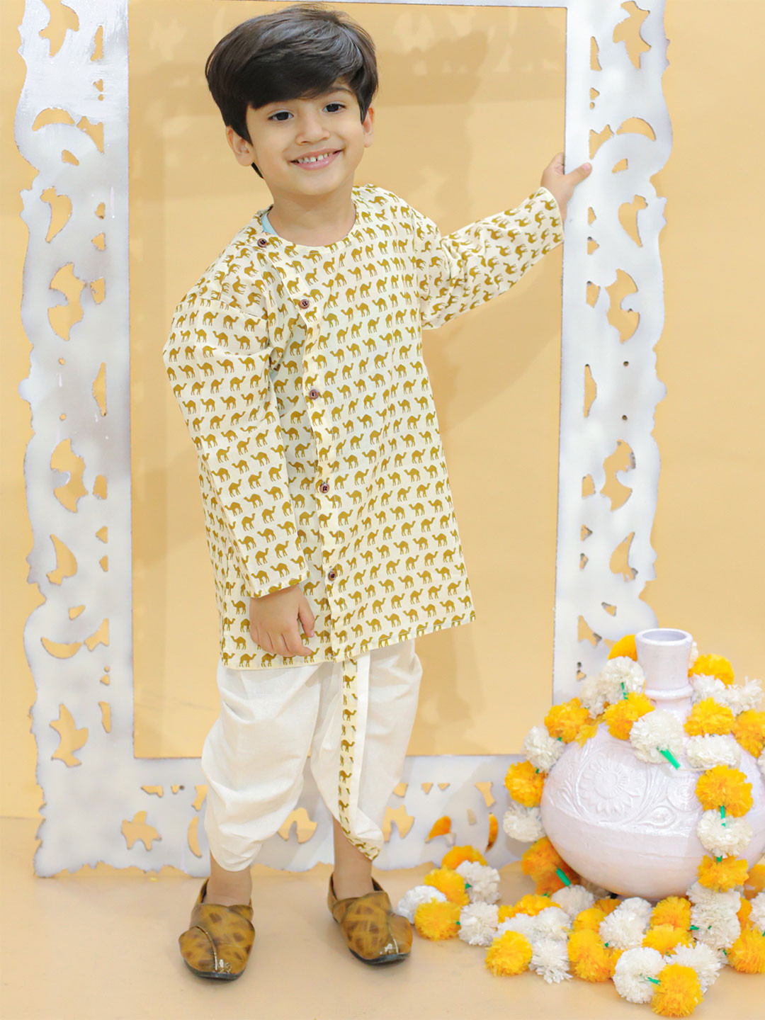 MoMaa Boys Animal Printed Angrakha Pure Cotton Kurta with Dhoti Pants