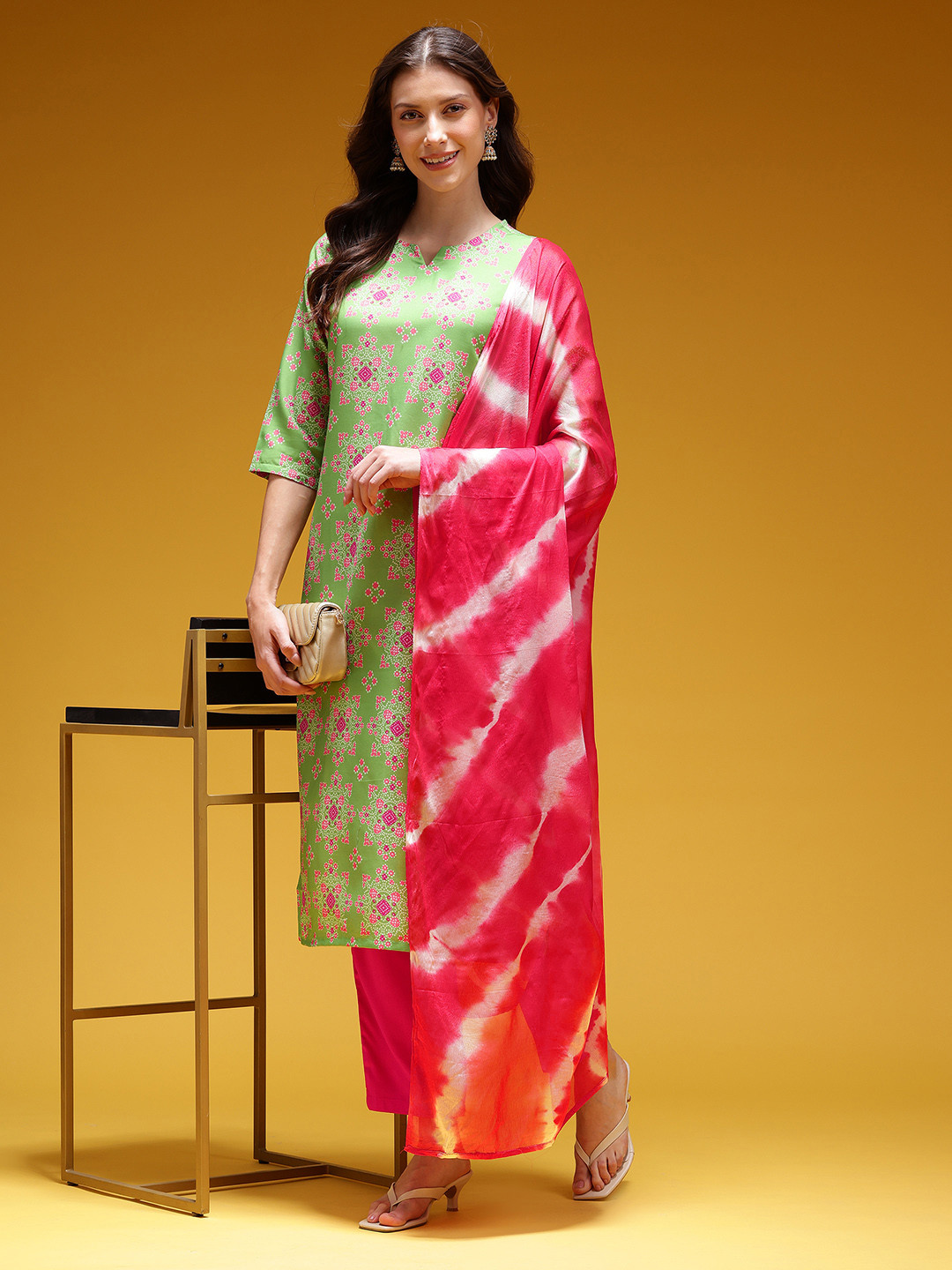 HERE&NOW Bandhani Print Kurta with Trousers & Dupatta
