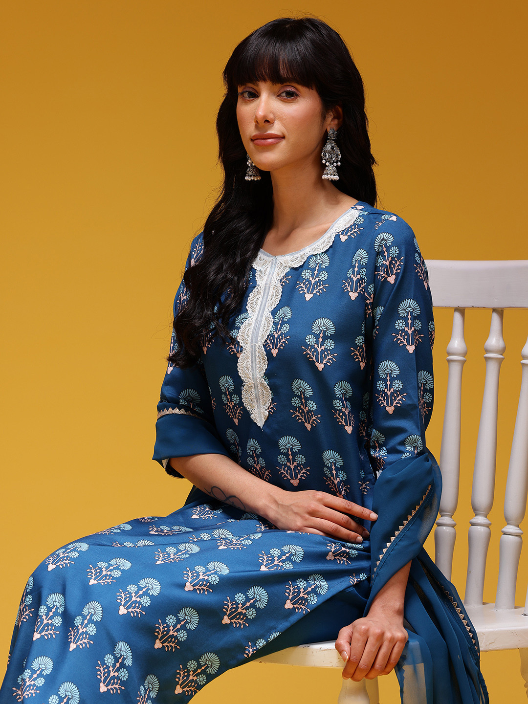 HERE&NOW Printed Lace Inserts Gotta Patti Kurta with Trousers & Dupatta