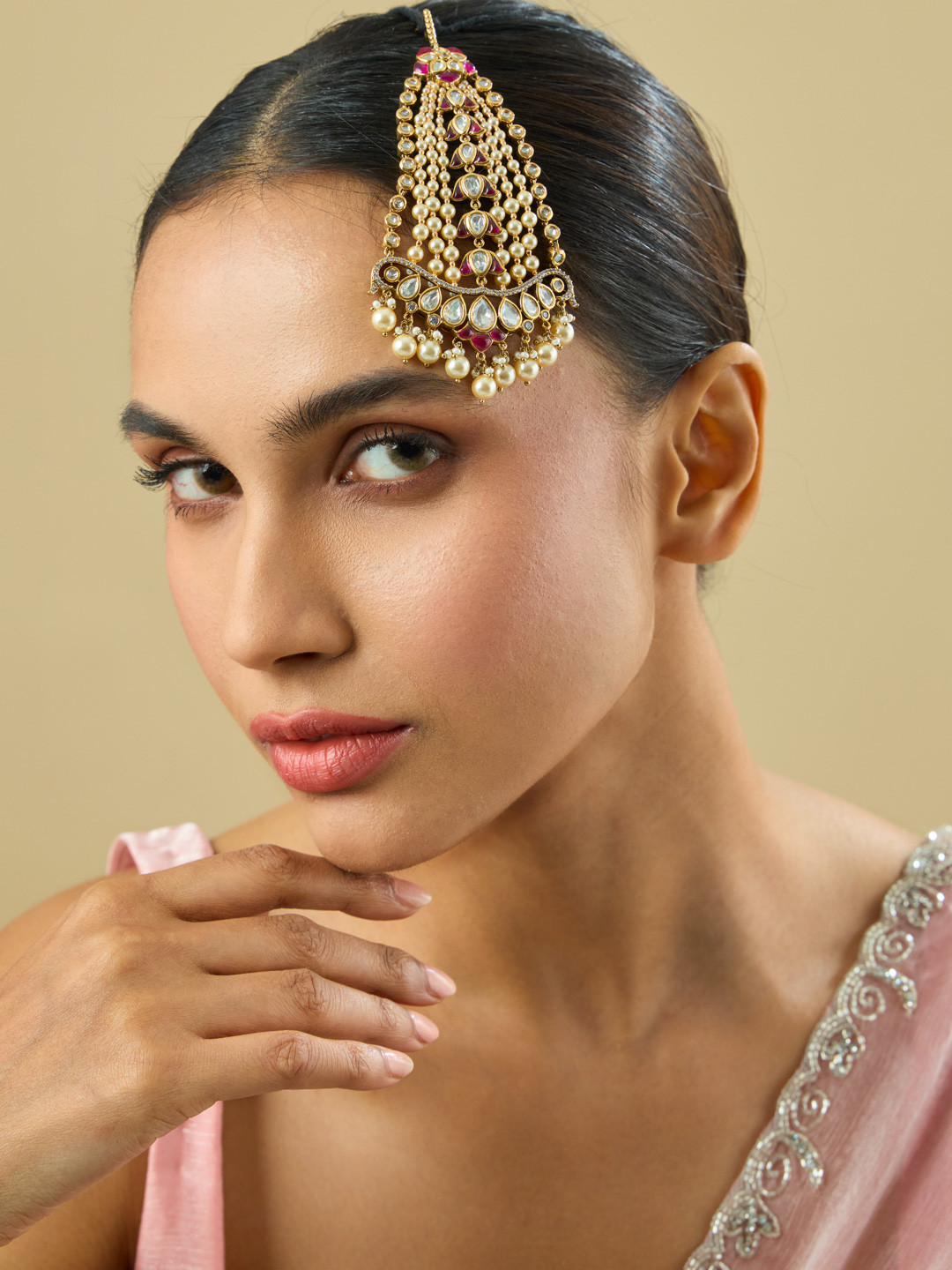 Kushal's Fashion Jewellery Embellished Bridal Ruby Victorian-Plated Kundan Hair Brooch