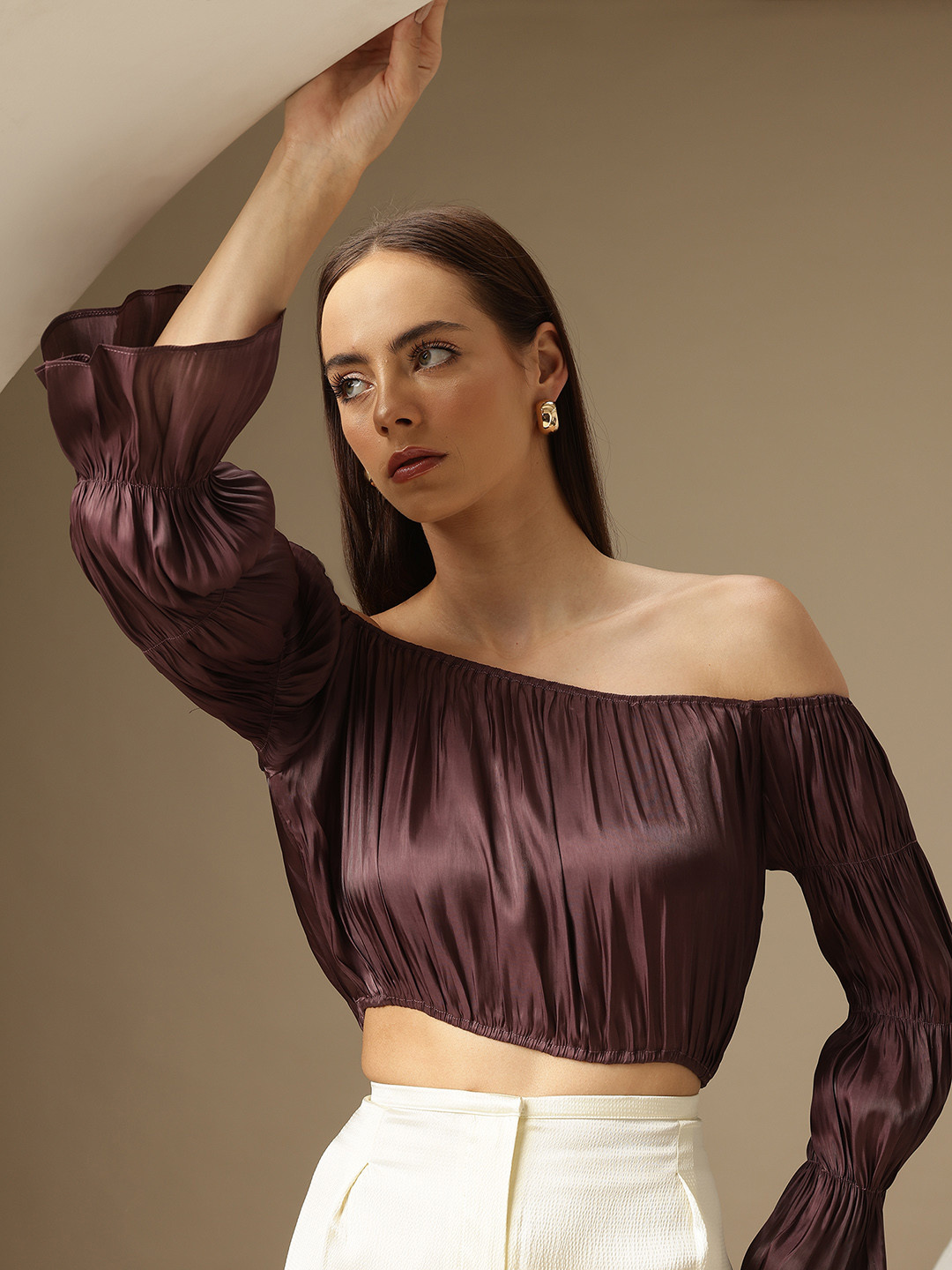 Chemistry Off-Shoulder Bell Sleeve Crop Top