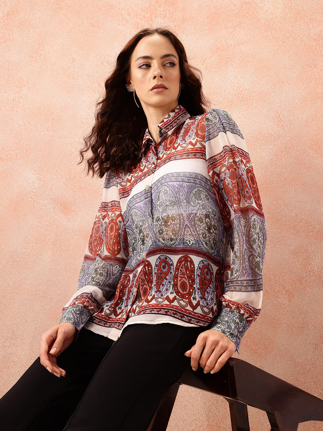all about you Women Classic Semi Sheer Printed Relaxed Fit Georgette Casual Shirt