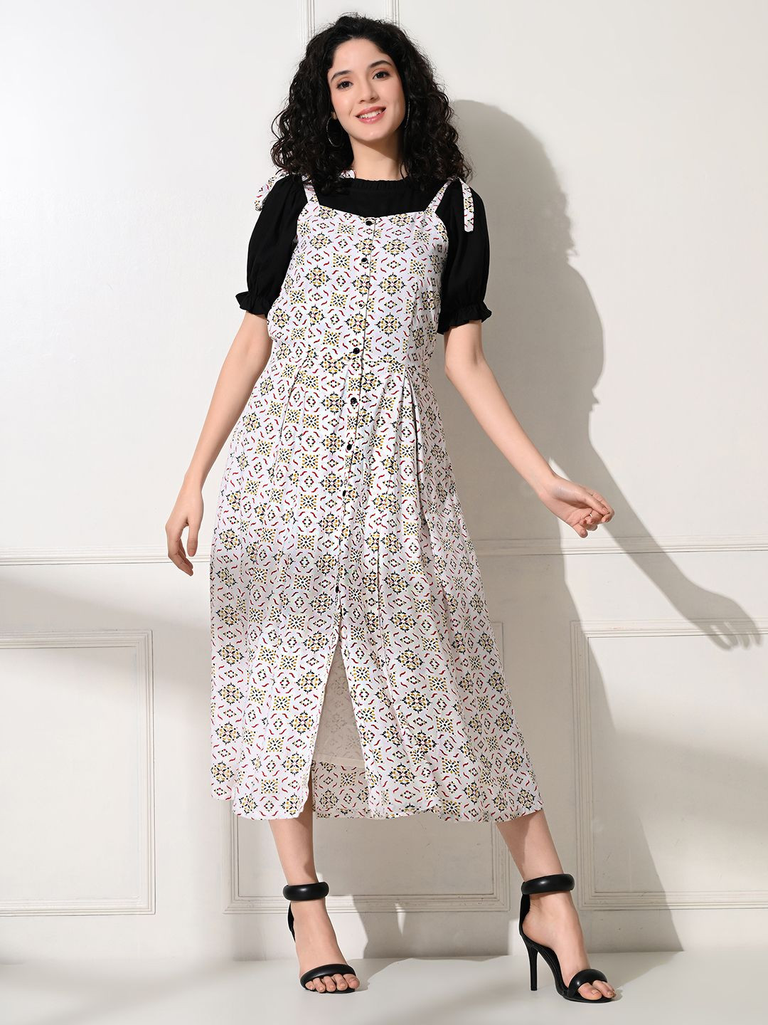 SHINISHA Ethnic Motifs Print Puff Sleeve A-Line Midi Dress
