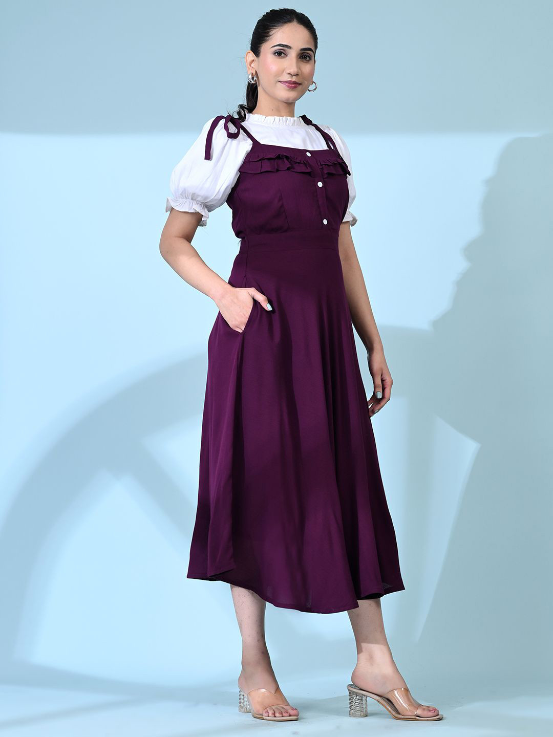 SHINISHA Puff Sleeve Ruffled A-Line Midi Dress