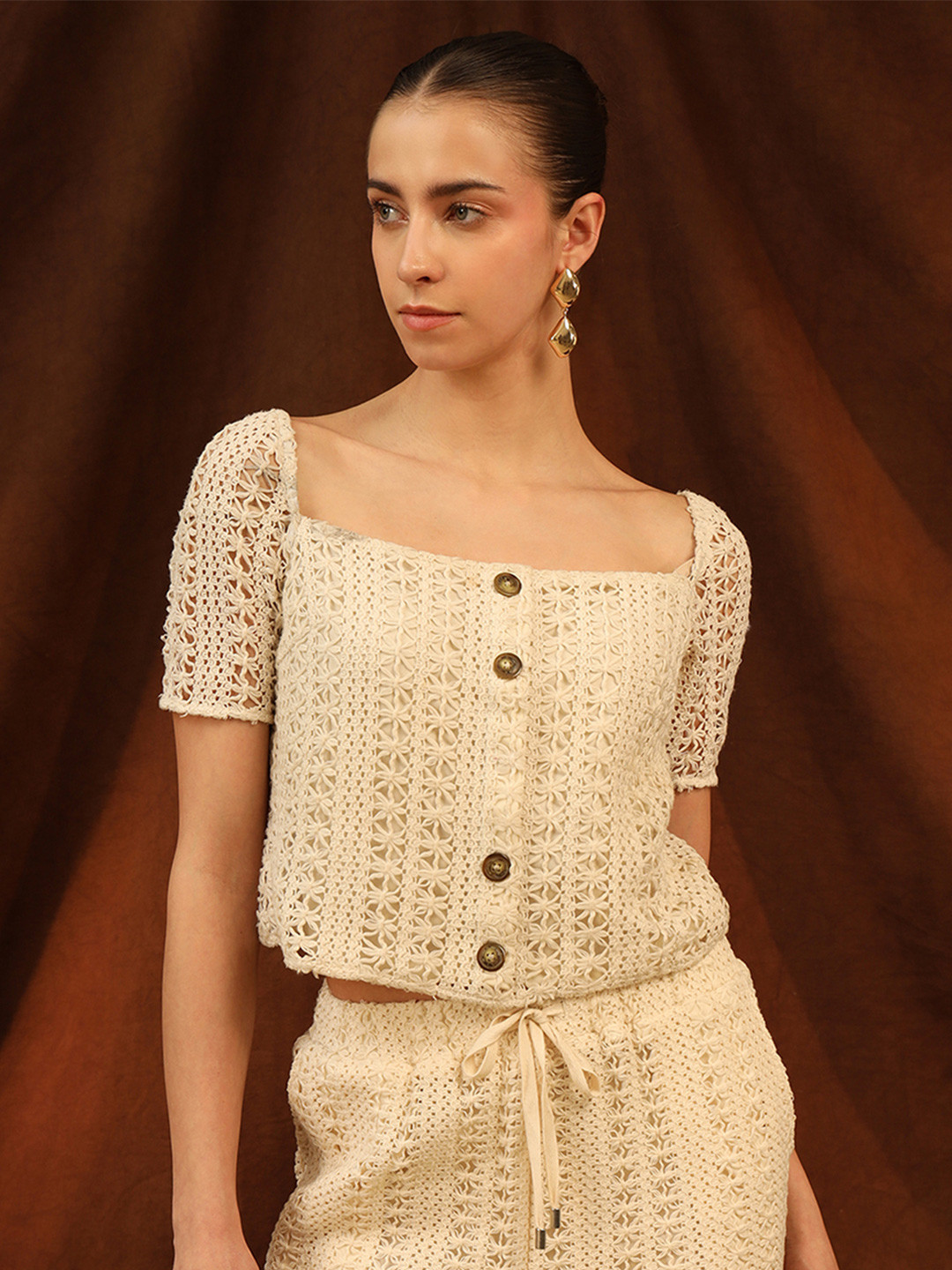 Kazo Women Cotton Square Neck Crochet Self Design Top