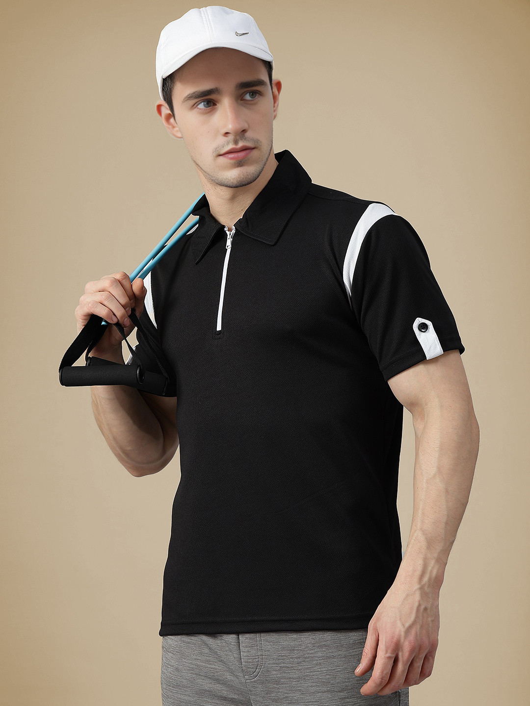 CHKOKKO Men Polo Neck Regular Fit Short Sleeves Gym Sports Zipper Tshirt