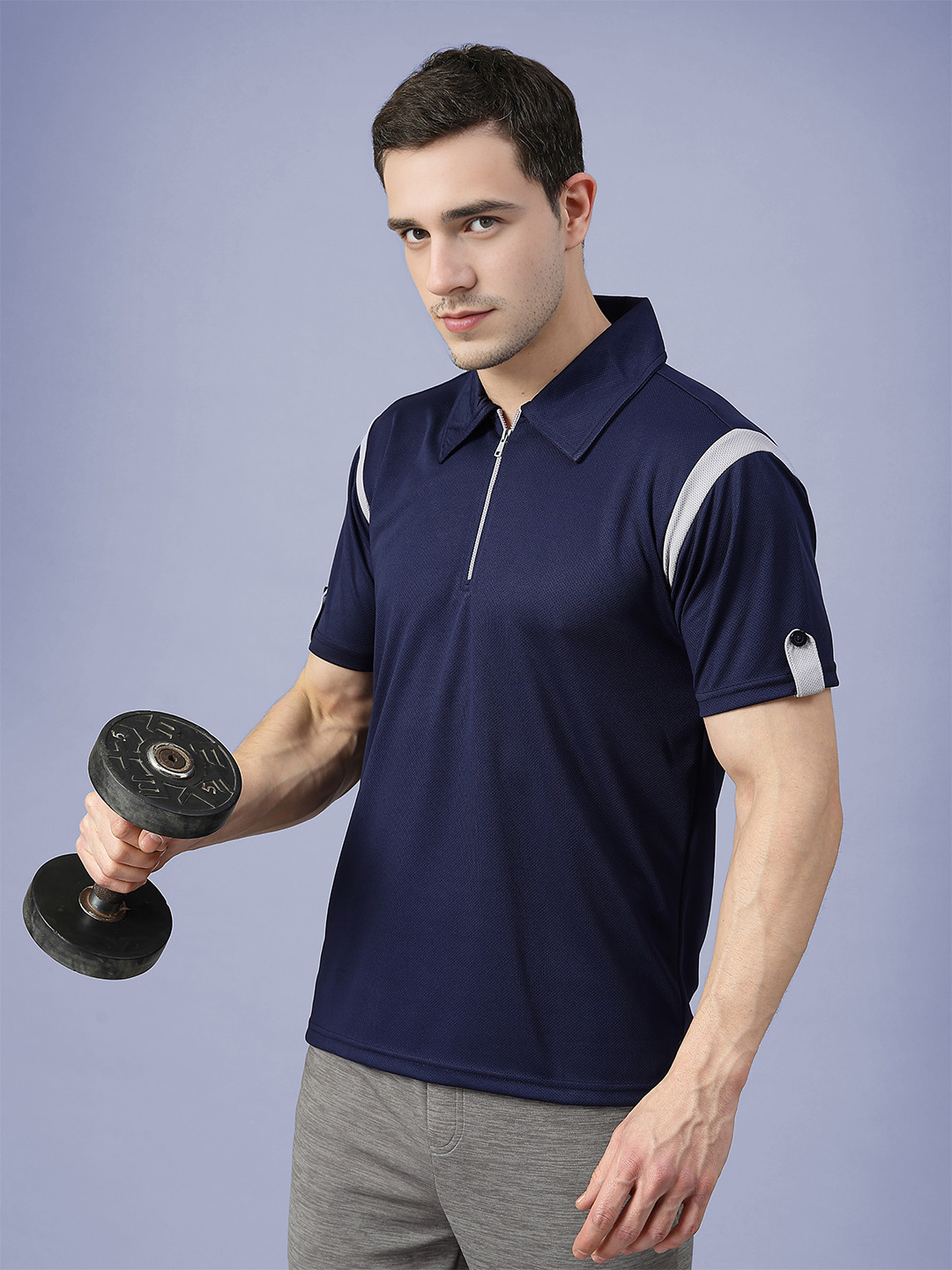 CHKOKKO Men Polo Neck Regular Fit Short Sleeves Gym Sports Zipper Tshirt