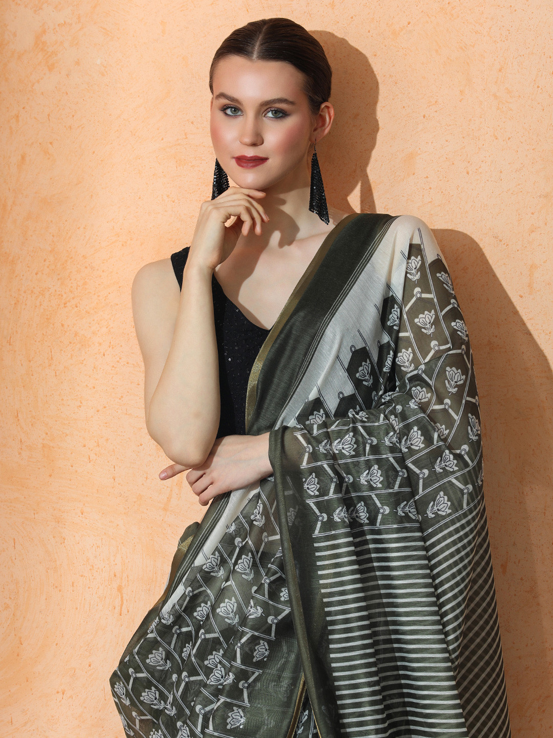 Jaipur Kurti floral Chanderi Cotton Saree with Unstiched Blouse