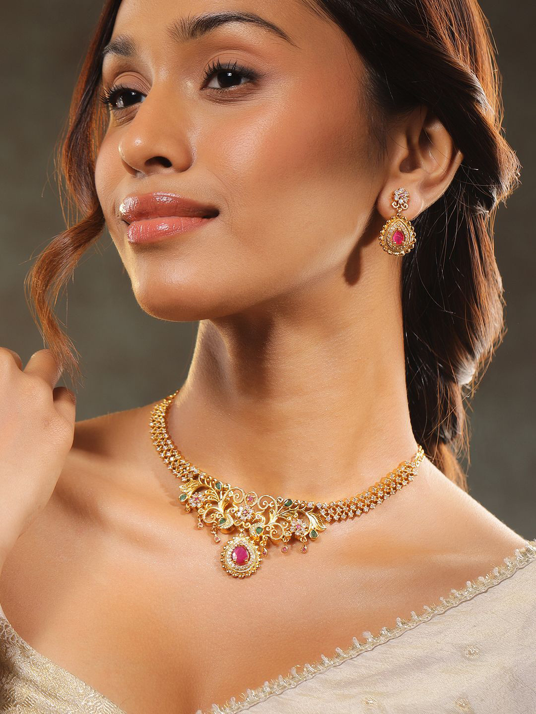 Rubans 22K Gold-Plated Ruby Pink & Emerald Cubic Zirconia Studded Handcrafted Necklace Set