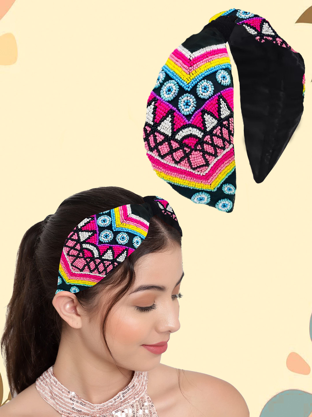 LYKAA Set of 1 Black Stylish Floral Hand Embroidered Hair Band