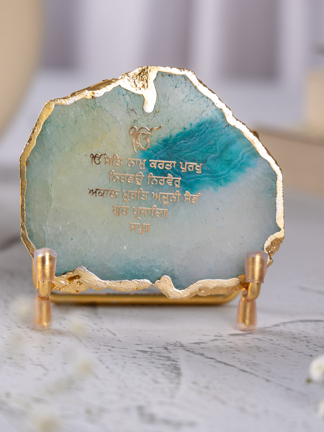 HOMEARTE Ik Onkar Mantra Green Stone Natural Prayer Room Set of 2 Medium Showpieces - 1.5 Inches