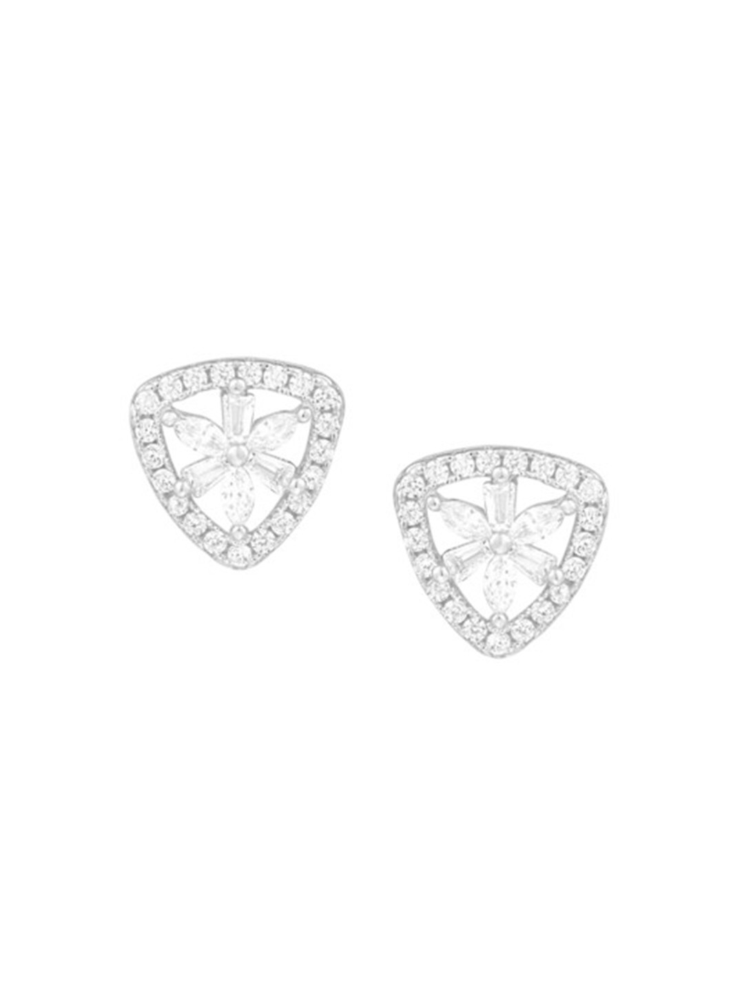 JUPRA 925 Sterling Silver Rhodium-Plated Cubic Zirconia Studded Floral Triangular Studs