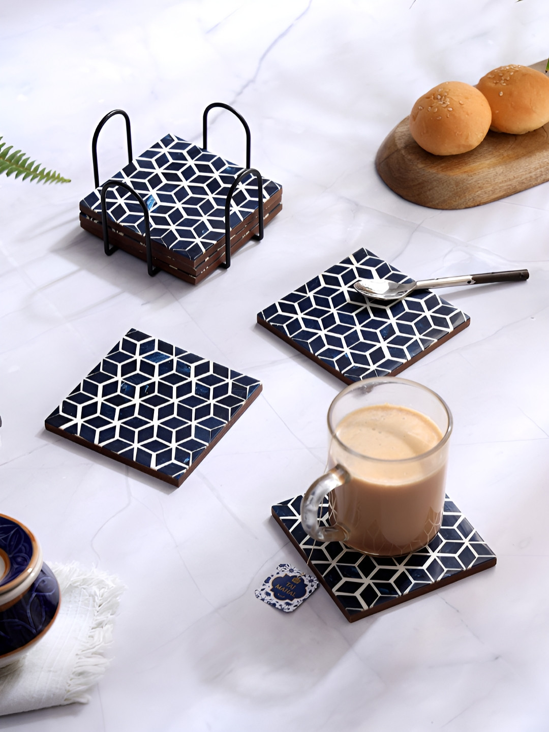 DULI Blue & White 6 Pieces Printed Square Wood Coasters With Stand
