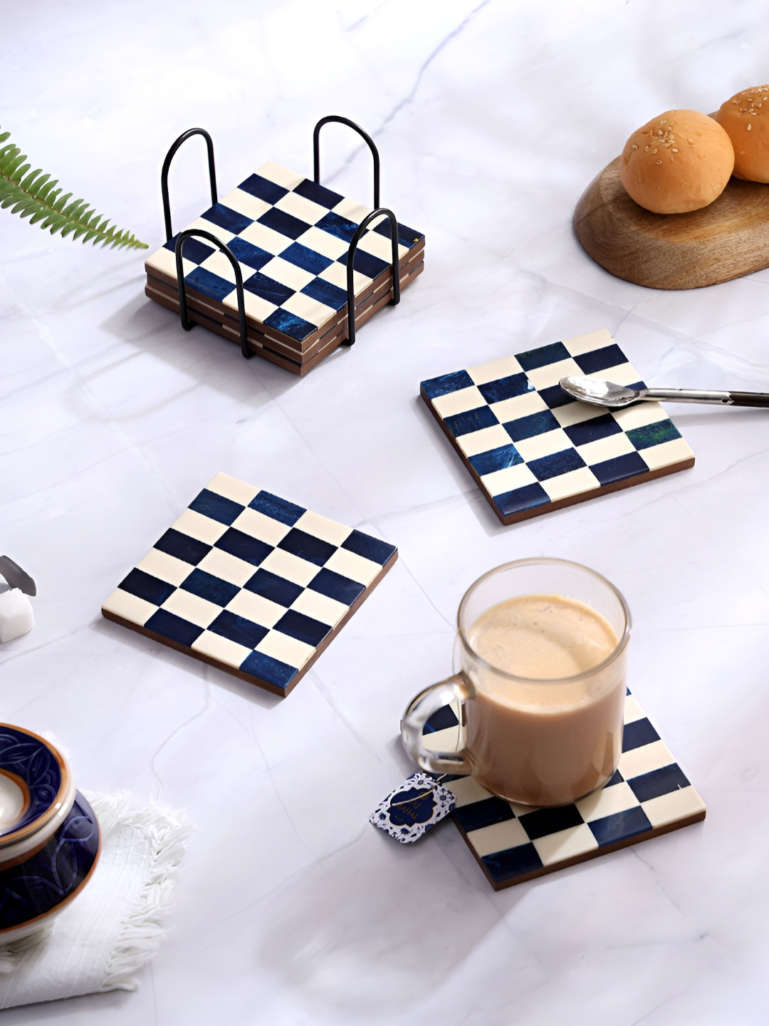 DULI Blue & White 6 Pieces Checked Square Wood Coasters With Stand
