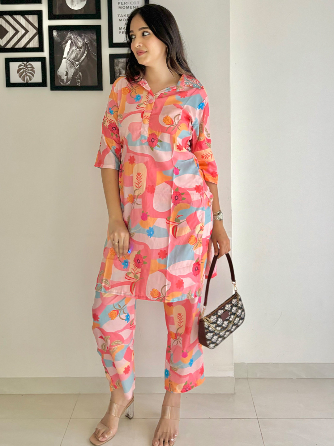 FFI Floral Print Rose Silk Co-ord set