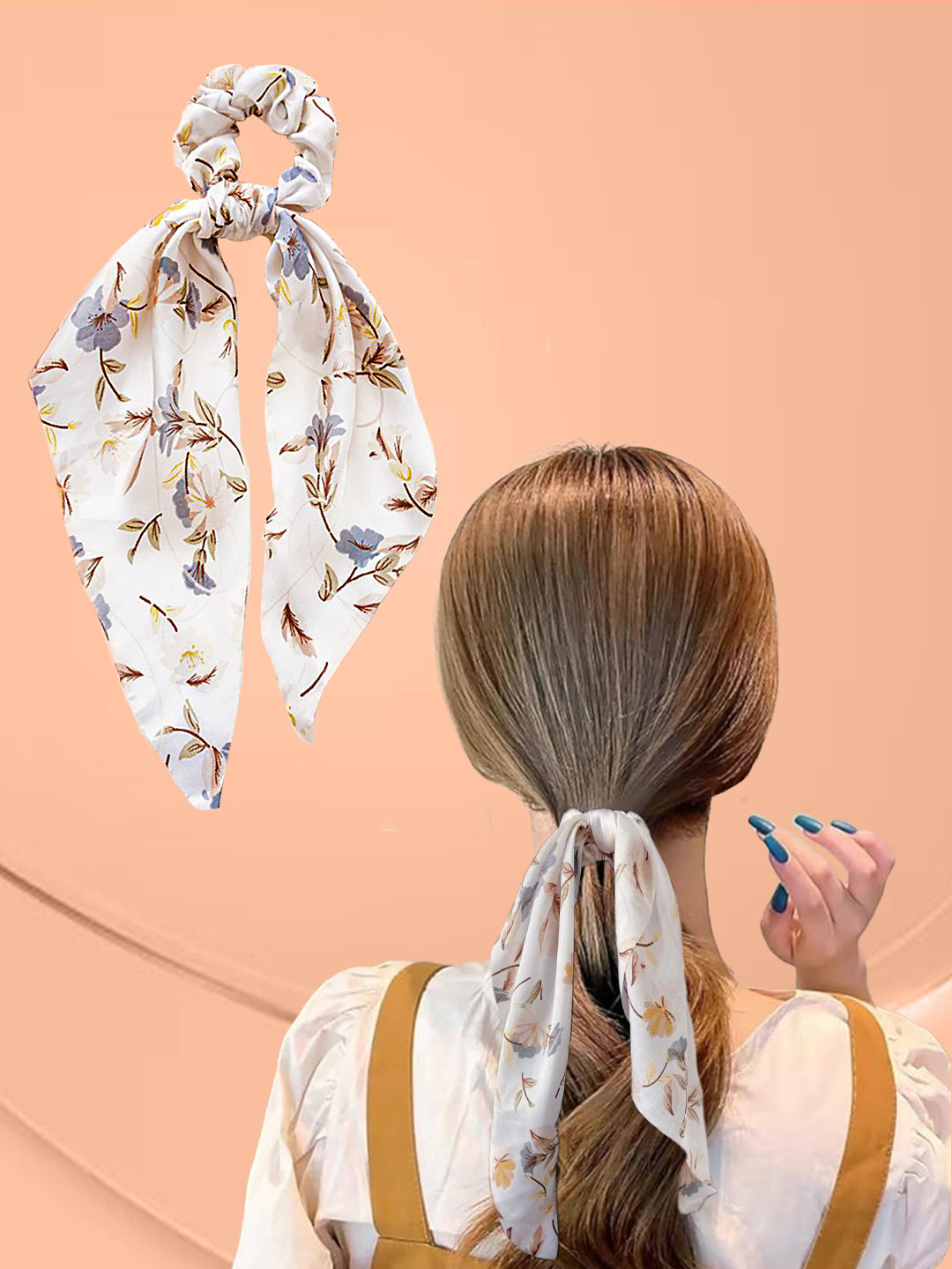 LYKAA Set of 1 White Printed Satin Scarf Hair Ribbon Scrunchies