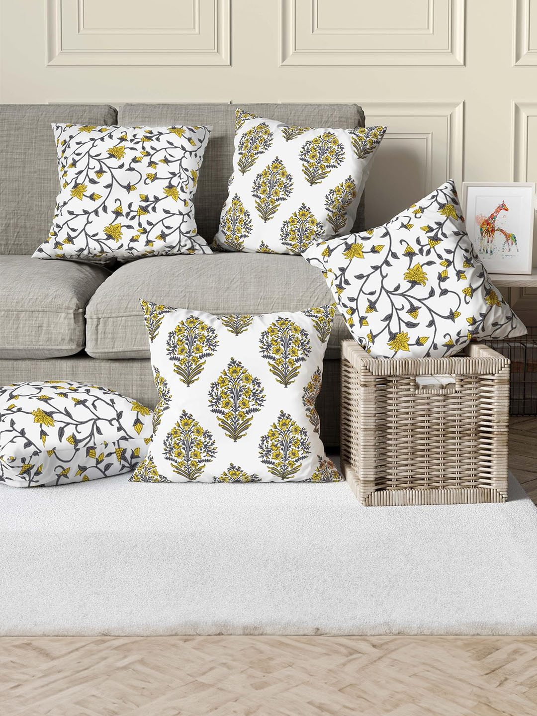 Trance Home Linen Yellow & White 5 Pieces Floral Printed Linen Square Cushion Covers
