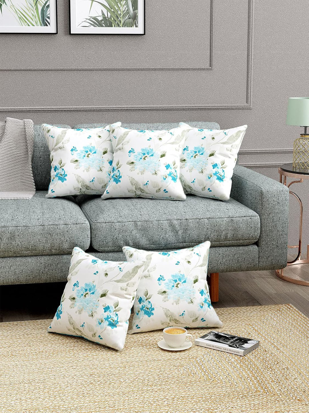 Trance Home Linen Blue & White 5 Pieces Floral Printed Linen Square Cushion Covers