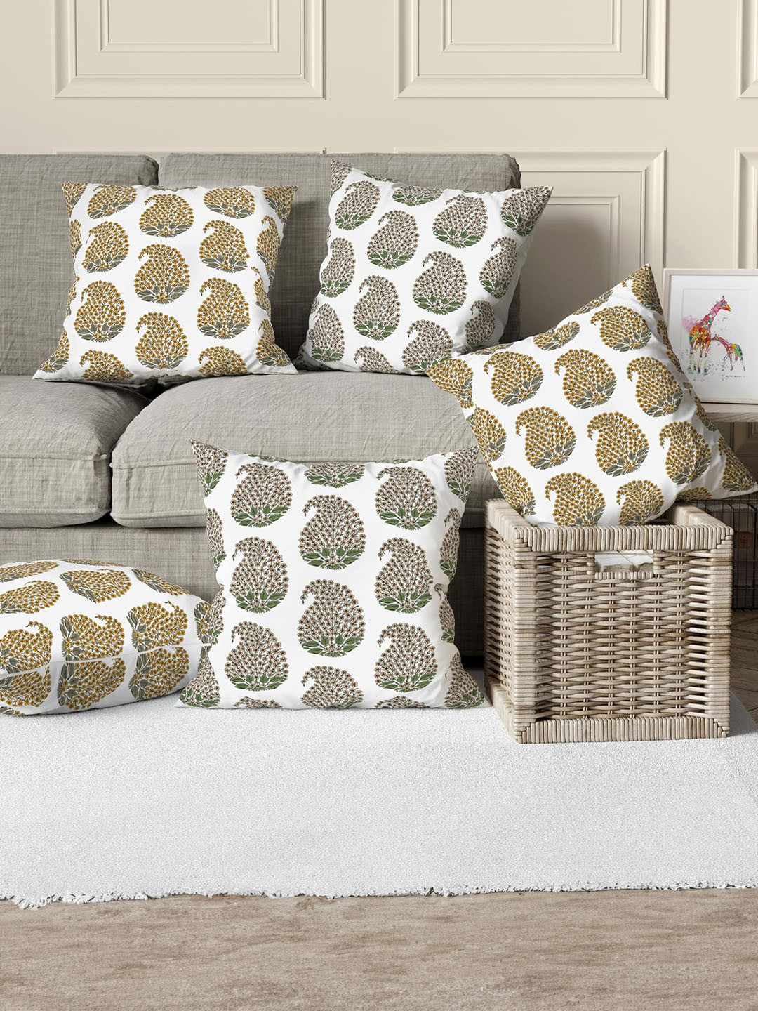 Trance Home Linen Mustard & White 5 Pieces Floral Printed Linen Square Cushion Covers
