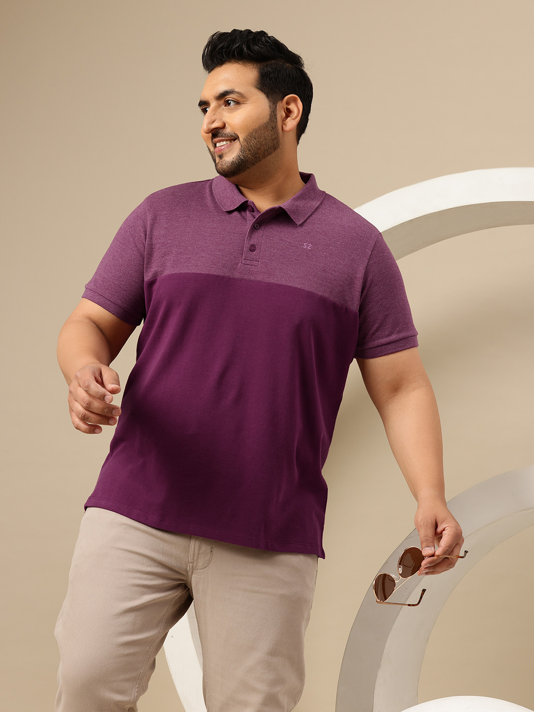 Sztori Men Plus Size Colourblocked Polo Collar Pure Cotton T-shirt
