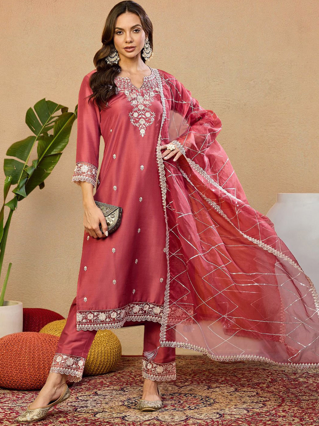 House of Pataudi Women Embroidered Straight Kurta With Trousers & Dupatta
